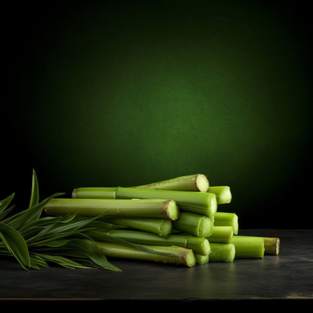 A pile of green asparagus on a tableの素材