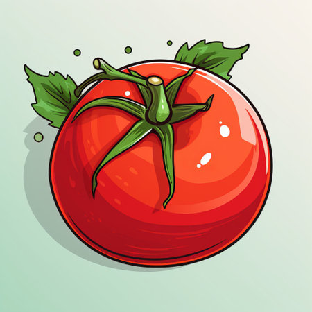A red tomato with green leaves on a light green backgroundの素材