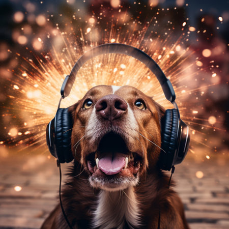 A dog wearing headphones with fireworks in the backgroundの素材
