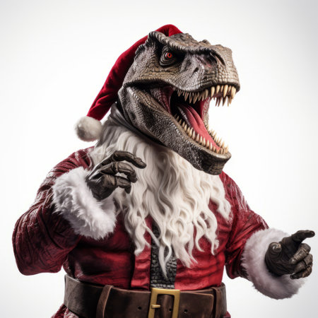 A close up of a dinosaur wearing a santa suitの素材