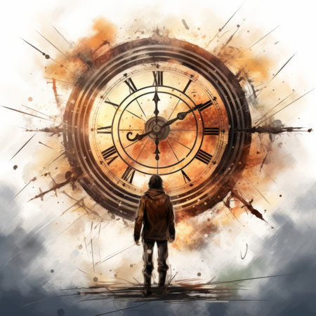 A man standing in front of a large clockの素材