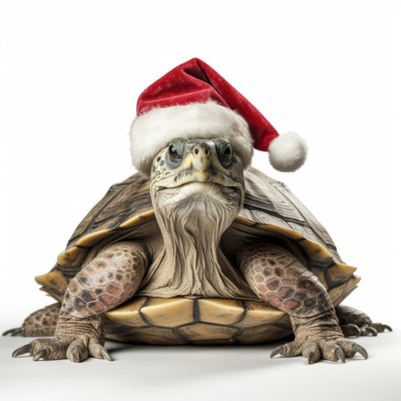 A tortoise wearing a santa hat on top of it's headの素材