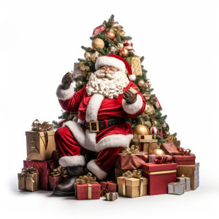A Santa Claus sitting in front of a Christmas treeの素材