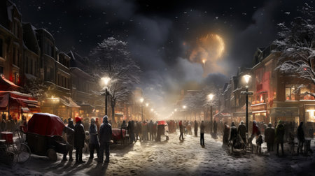 A crowd of people standing around a street at nightの素材