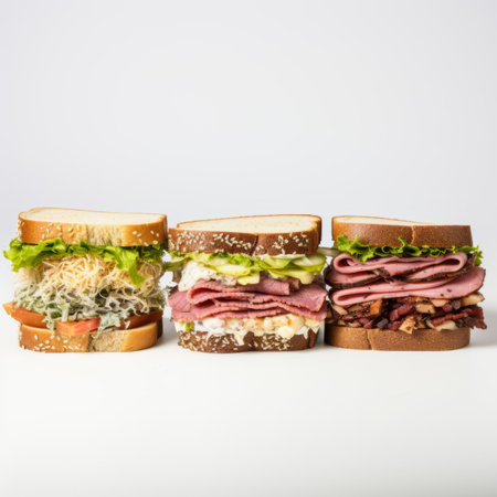 Sandwiches with ham, cheese and vegetables on a white backgroundの素材