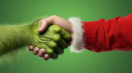 A person in a santa hat shaking hands with a green monster vector artの素材