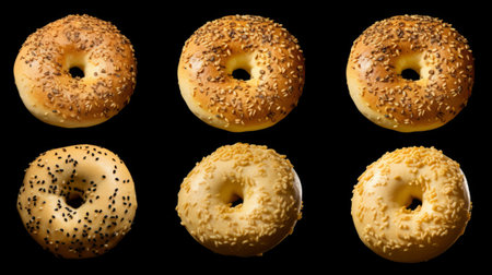 Six bagels with sesame seeds arranged in a rowの素材