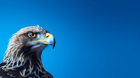 A close up of a bird of prey on a blue backgroundの素材