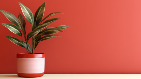 A plant in a red and white pot on a tableの素材