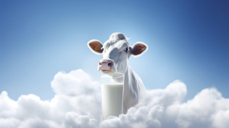 A cow is standing in the clouds with a glass of milkの素材