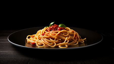 A plate of spaghetti with tomato sauce and basilの素材