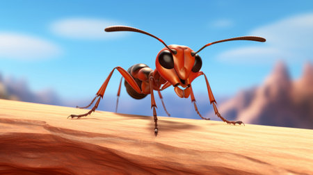 A red ant standing on top of a wooden surfaceの素材