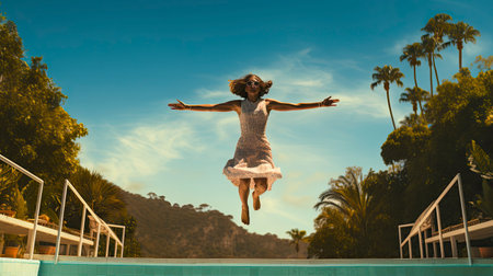 A woman jumping into the air from a swimming poolの素材