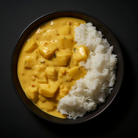 A bowl filled with rice and curry on top of a tableの素材