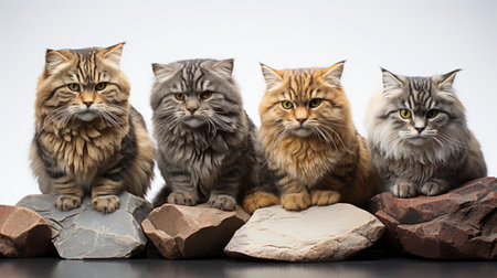 A group of cats sitting on top of rocksの素材
