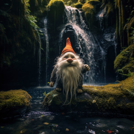 A gnome sitting on a rock in front of a waterfallの素材