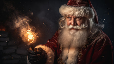 A man dressed as Santa Claus holding a lit candleの素材
