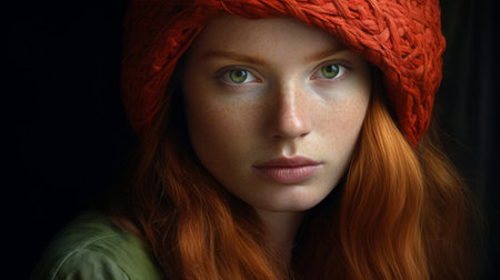 A woman with red hair wearing a red hatの素材