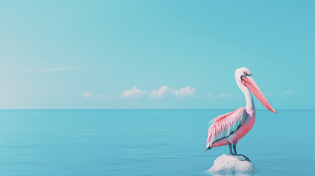 A pink and white bird standing on a rock in the oceanの素材