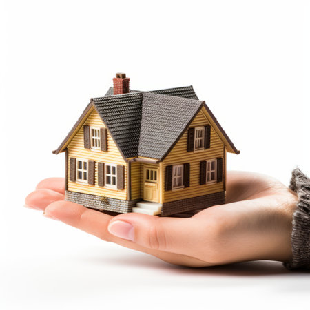 A person holding a small model of a houseの素材