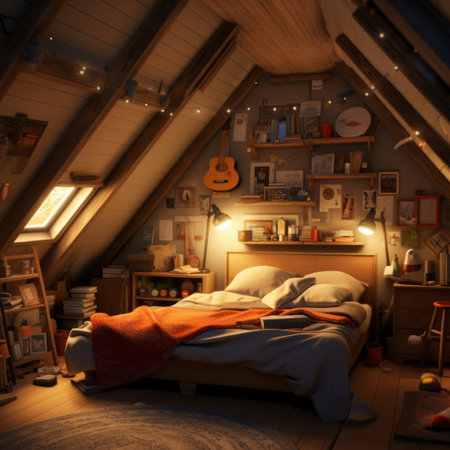 An attic bedroom with a bed, bookshelf, and a guitar on theの素材