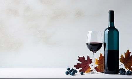 A bottle of wine next to a glass of wineの素材