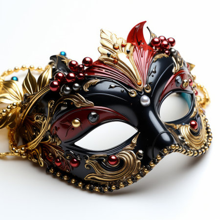 A black and red mask with gold accentsの素材