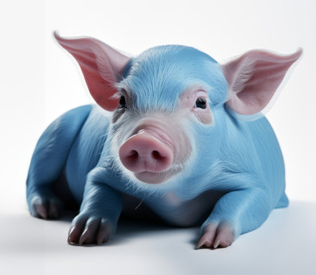 A small blue pig laying on top of a white floorの素材