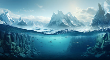 An underwater scene with a mountain range in the backgroundの素材