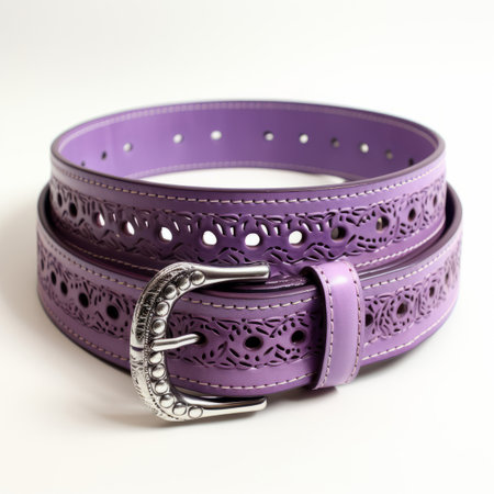 A purple leather belt with a silver buckleの素材