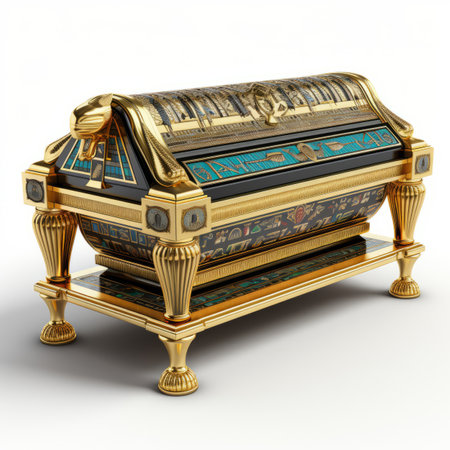 A gold and black casket with a blue and green designの素材
