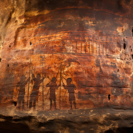 A rock painting with people and a horse on itの素材