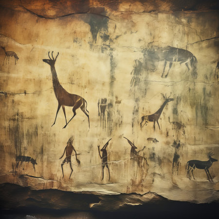 A cave painting of a giraffe and other animalsの素材