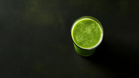 A glass of green juice on a black surfaceの素材