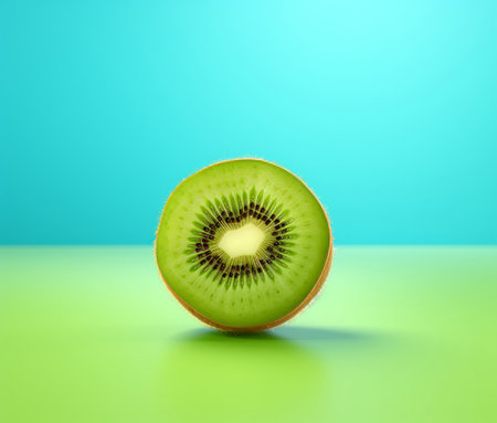 A kiwi cut in half on a green surfaceの素材