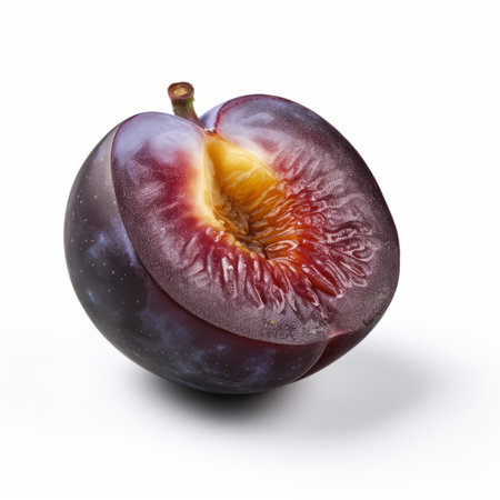 A plum cut in half on a white backgroundの素材