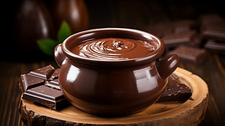 A pot of chocolate sitting on top of a wooden tableの素材