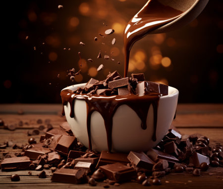A spoon is pouring chocolate into a bowlの素材