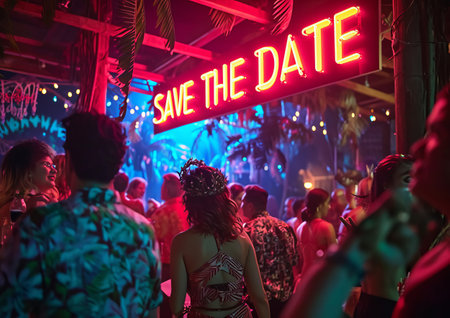 A group of people standing in front of a neon signの素材
