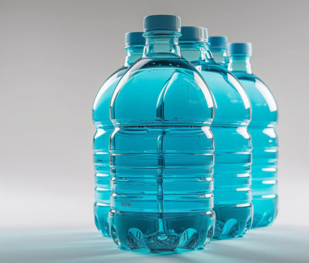 A group of three water bottles sitting next to each otherの素材