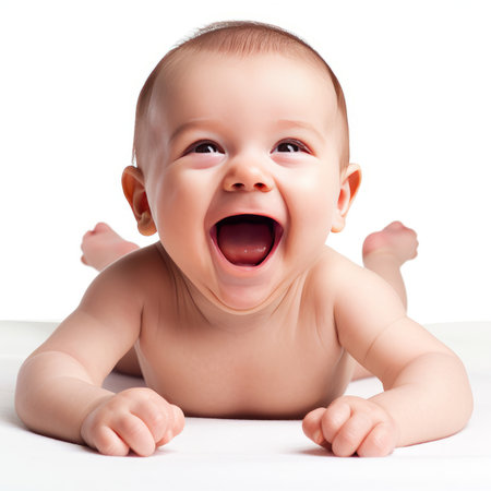 A baby laying on its back with its mouth openの素材