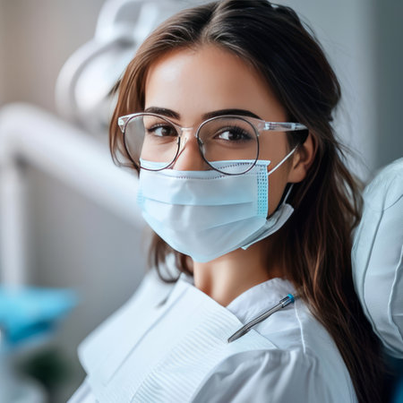A woman wearing glasses and a surgical maskの素材