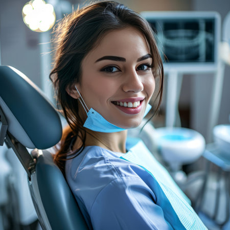 A woman sitting in a dental chair smilingの素材