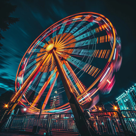A ferris wheel is lit up at nightの素材