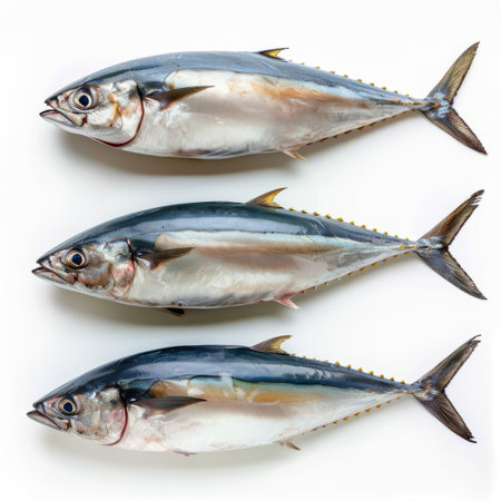 Three fish that are on a white surfaceの素材