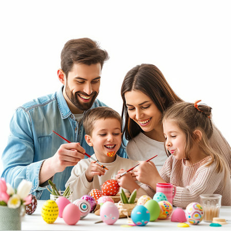 A man and two children get creative and have fun painting Easter eggs together.の素材