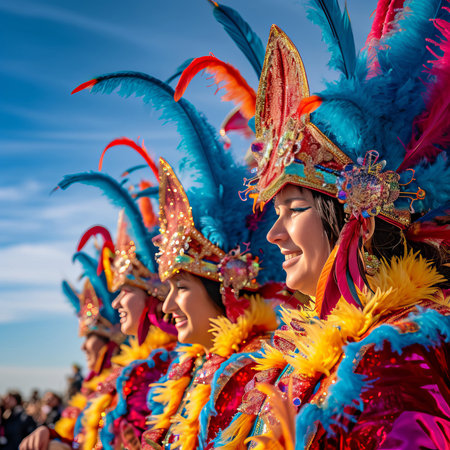 A vibrant group of individuals donning eye-catching costumes stand side by side, ready to capture a memorable moment.の素材
