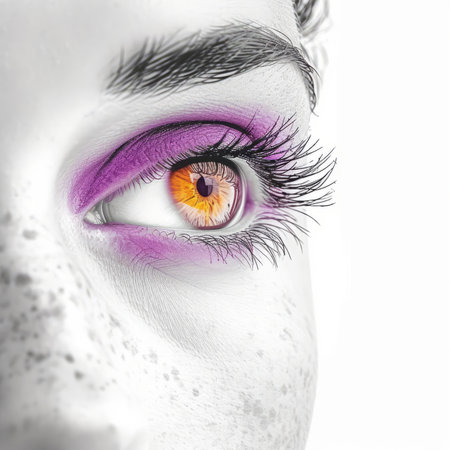 This image depicts a close-up view of a woman's eye adorned with striking purple and orange makeup, creating a bold and vibrant look.の素材