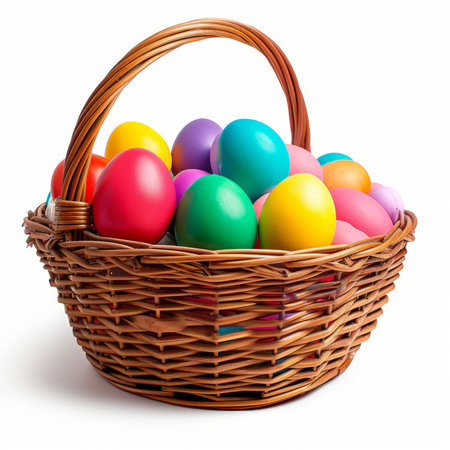 A vibrant basket brimming with a plethora of colorful eggs, ideal for joyous Easter festivities.の素材