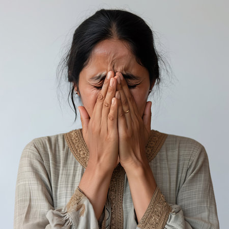A woman hides her face by placing her hands over it in a protective gesture.の素材